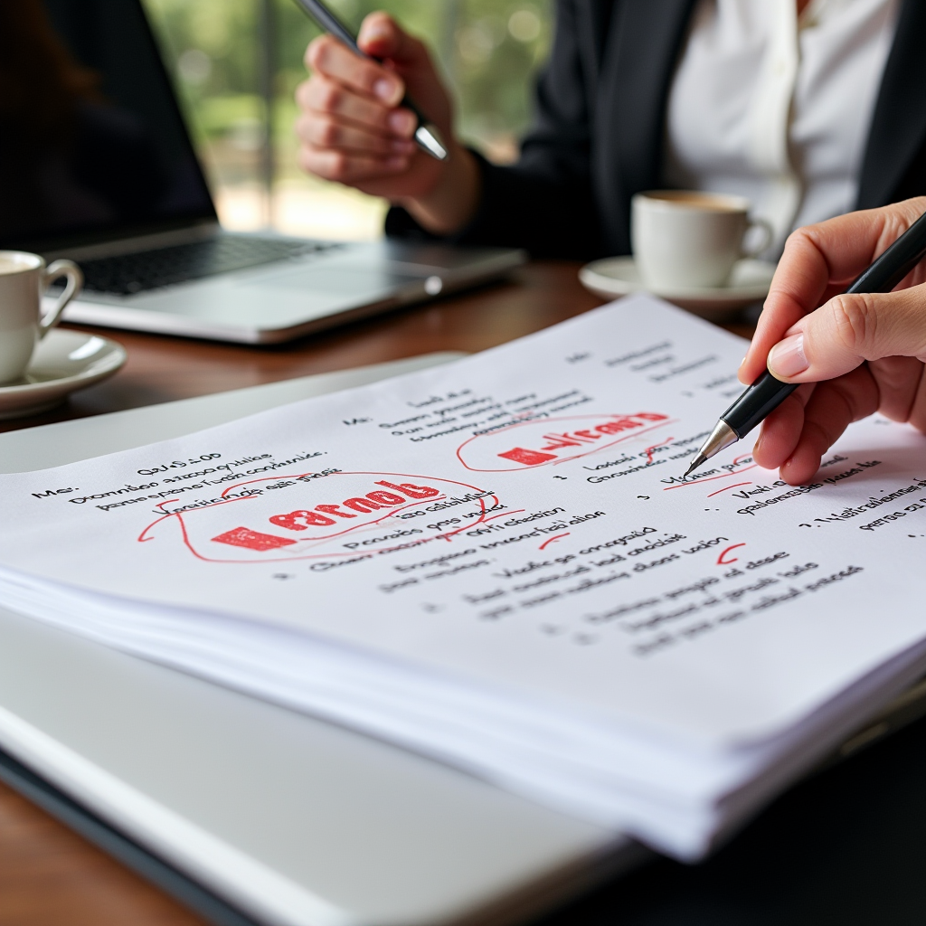 Nonprofit professional reviewing grant proposal documents with red correction marks, highlighting common errors in needs statements and budget justifications, office desk setting with laptop and coffee