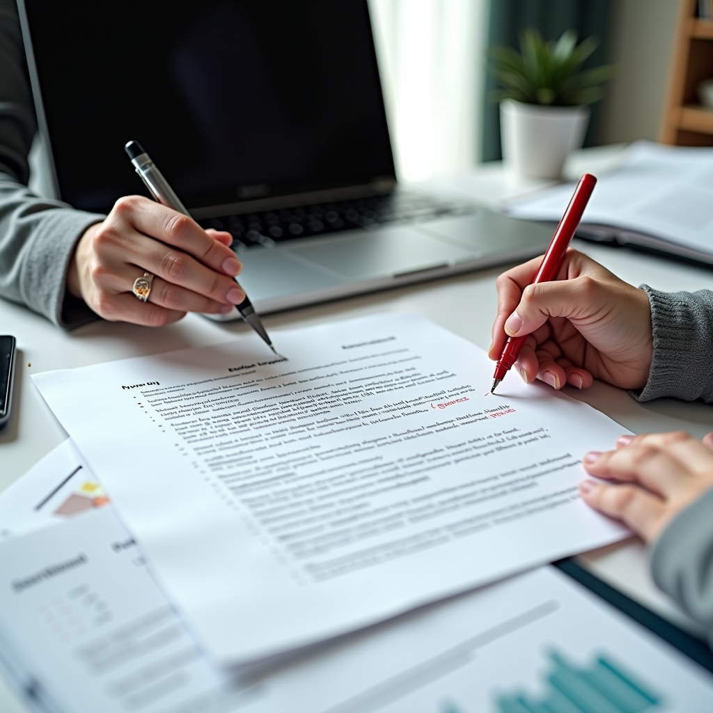 Professional reviewing grant proposal documents at desk with laptop, highlighting common errors and corrections with red pen, organized folders and foundation guidelines visible, natural office lighting
