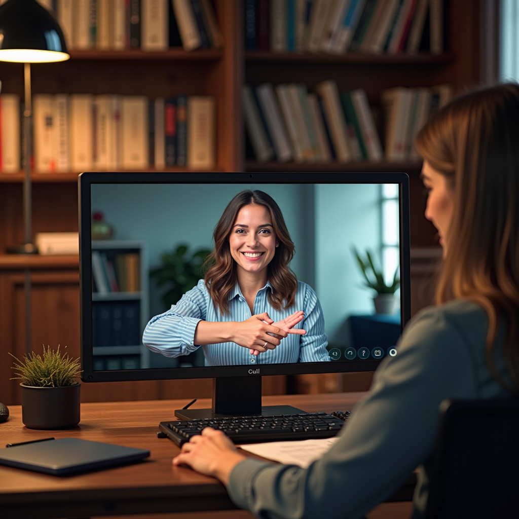 Nonprofit executive having a professional video call with foundation program officer, warm office setting with bookshelves, handshake illustration on screen representing partnership and long-term collaboration