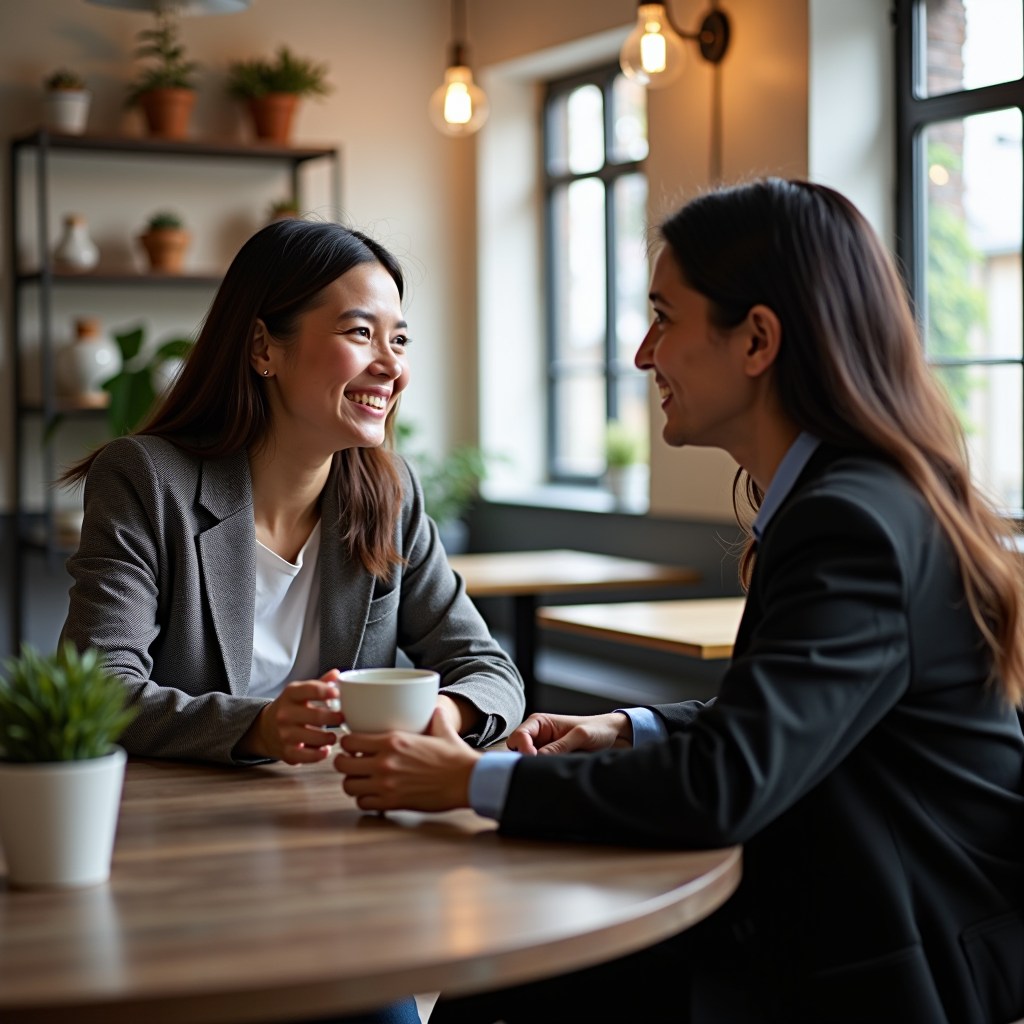 Two professionals having a friendly conversation over coffee, representing nonprofit staff building meaningful relationships with foundation program officers, warm and welcoming atmosphere