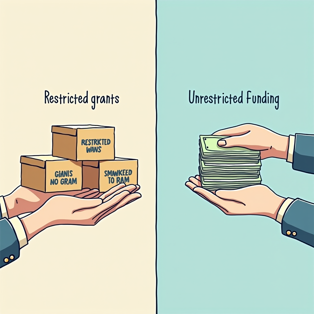 Split-screen illustration showing two funding types: left side with labeled boxes representing restricted grants tied to specific programs, right side with open hands representing flexible unrestricted funding for nonprofit operations
