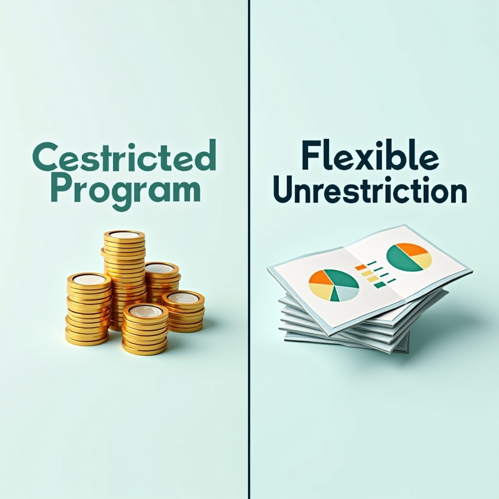 Split image showing two funding types: restricted funds with specific program labels and unrestricted funds with flexible allocation symbols, financial charts and nonprofit budget documents