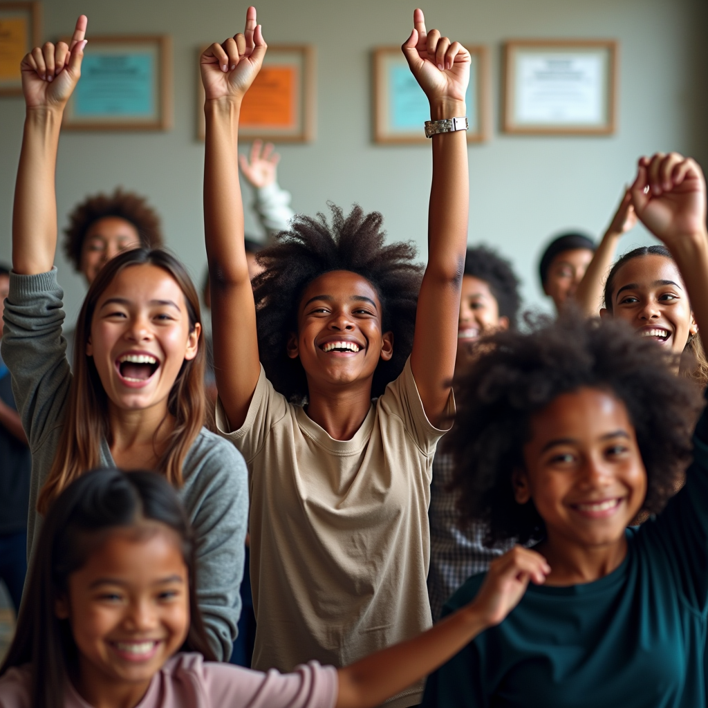 Diverse group of young people celebrating with raised hands, representing grassroots youth organization achieving grant funding success, community center background with achievement certificates on wall