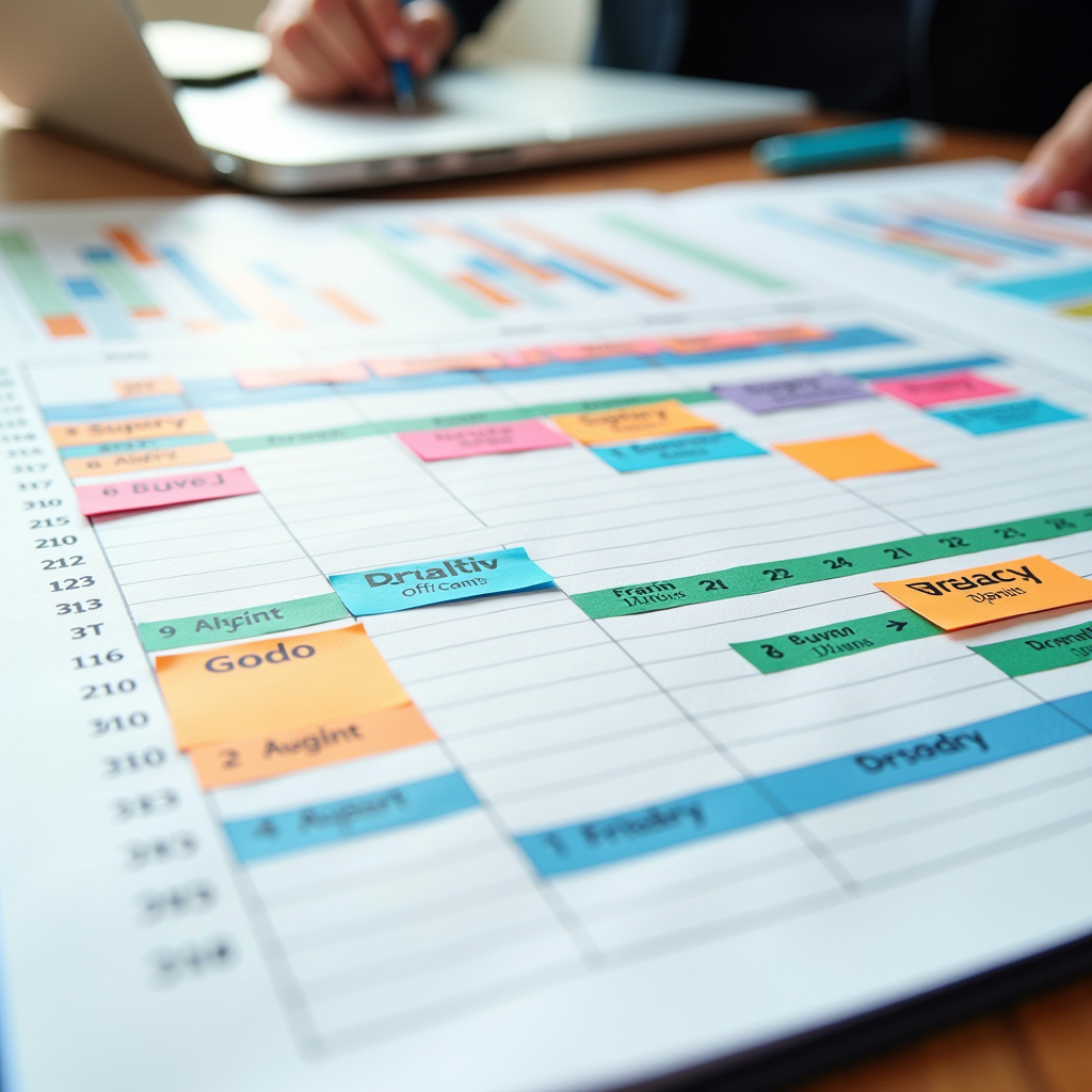 Annual calendar spread with color-coded grant deadlines, research phases, and reporting dates marked, nonprofit planning workspace with sticky notes and timeline charts